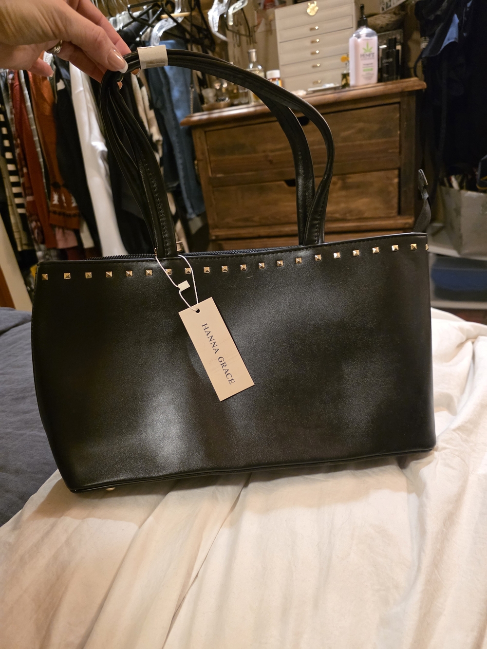 Anna Grace Black Faux-Leather Studded Tote